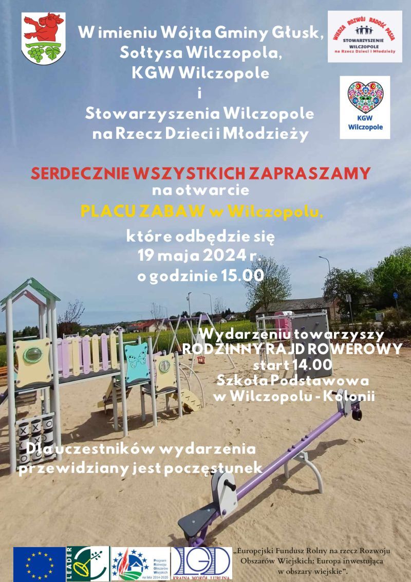 Opis alternatywnego zdjęcia: Plakat wydarzenia z herbu gminy i logotypami funduszy, przedstawiający plac zabaw z huśtawką i zjeżdżalnią, informujący o pikniku rodzinnym w Wilczopolu, 19 maja 2024 o 14:00.