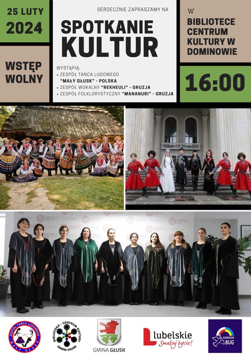 Plakat wydarzenia "Spotkanie Kultur" w Bibliotece Domu Centrum o godzinie 16:00, z wolnym wstępem. Data 25 lutego 2024. Zdjęcia trzech zespołów w strojach ludowych. Logotypy sponsorów.
