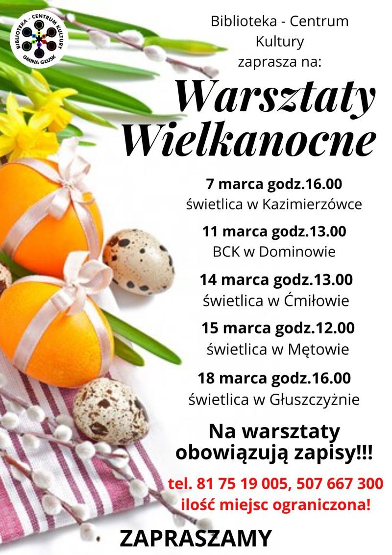 Plakat informacyjny Biblioteki - Centrum Kultury z grafiką wielkanocną i informacjami o warsztatach Wielkanocnych w różnych lokalizacjach ze szczegółami dat, godzin i adresów. Elegancka czcionka, dekoracje jajek i cytrusów.
