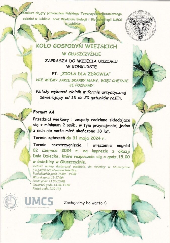 Opis alternatywny: Zaproszenie z elementami graficznymi przedstawiającymi zielone liście i udekorowane eleganckim, kaligraficznym pismem. Zawiera tekst w języku polskim, zapraszający na wydarzenie, z pieczęcią w górnym prawym rogu.