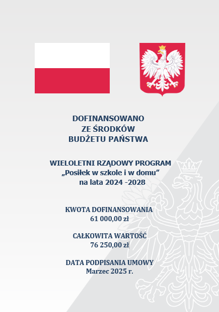Na obrazie widoczna jest informacja o dofinansowaniu ze środków budżetu państwa dla programu "Posiłek w szkole i w domu" na lata 2024-2028. Kwota dofinansowania wynosi 61 000 zł, całkowita wartość to 76 250,00 zł.