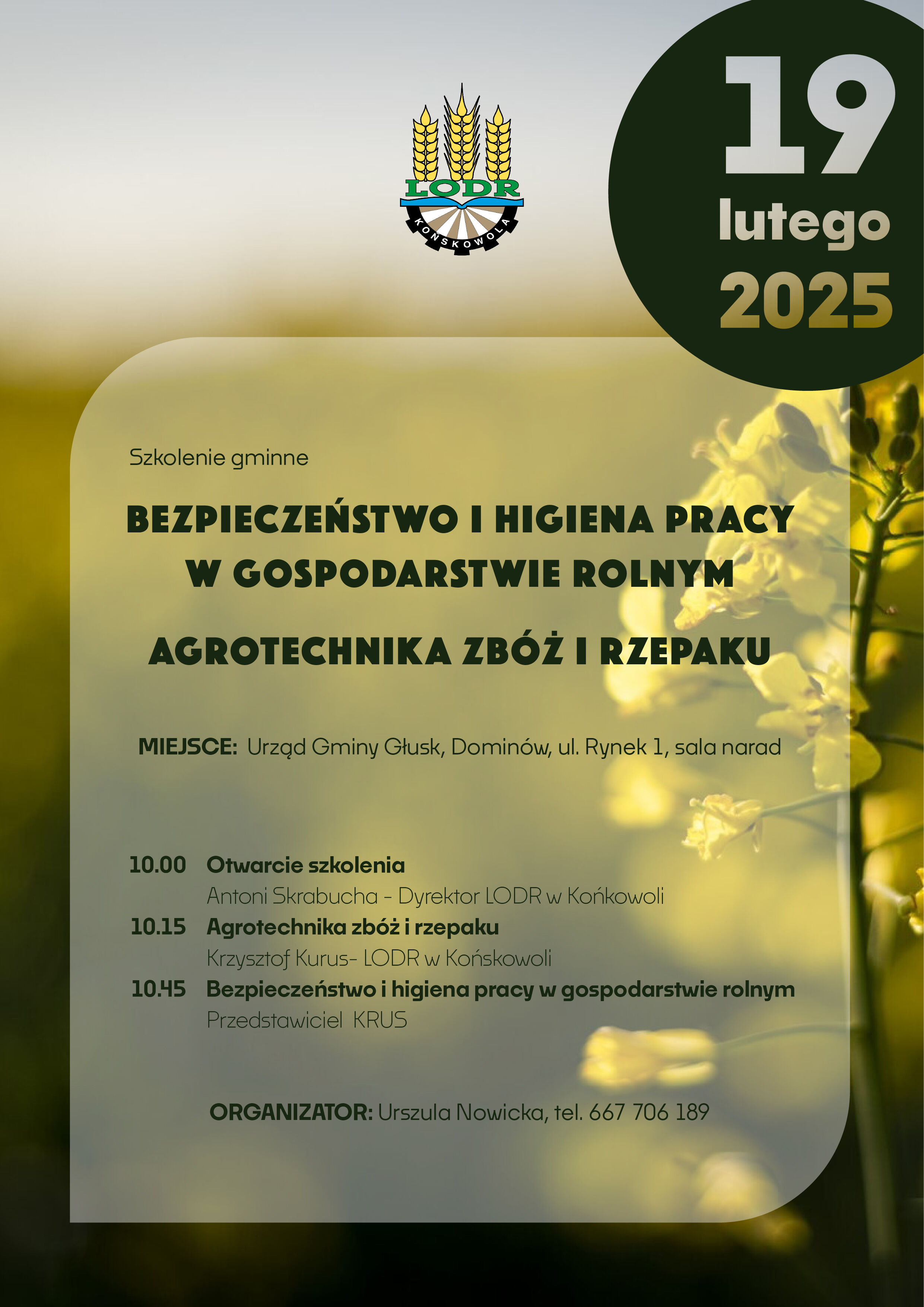 Plakat informacyjny o szkoleniu "Bezpieczeństwo i higiena pracy w gospodarstwie rolnym", które odbędzie się 19 lutego 2025 w Urzędzie Gminy Giżycko. Zawiera harmonogram i dane kontaktowe organizatora.