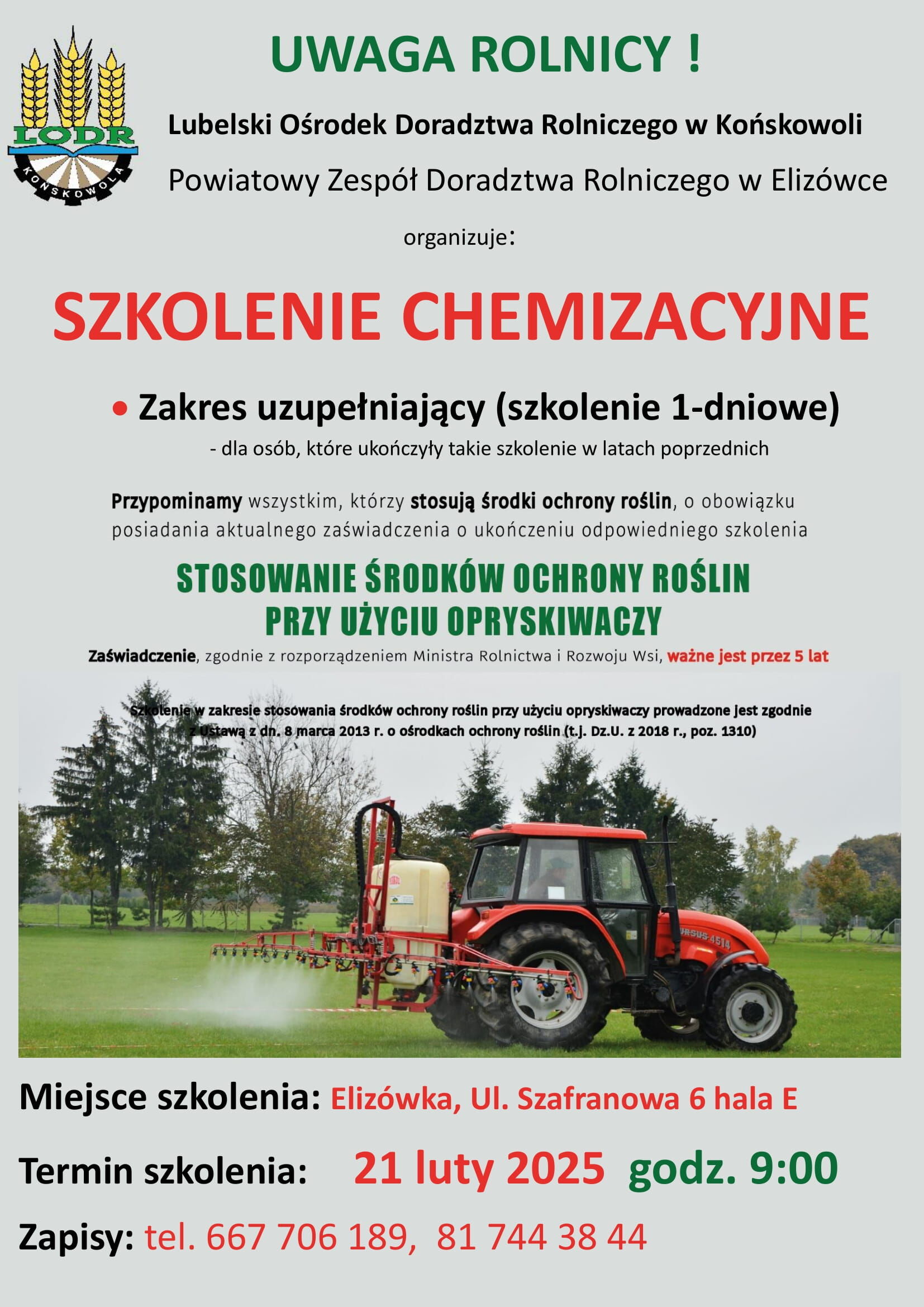 Plakat informacyjny zapraszający na "Szkolenie chemizacyjne" w Elizówce. Zawiera tematykę zajęć, datę 21.07.2025, miejsce, dane kontaktowe oraz zdjęcie ciągnika na polu.