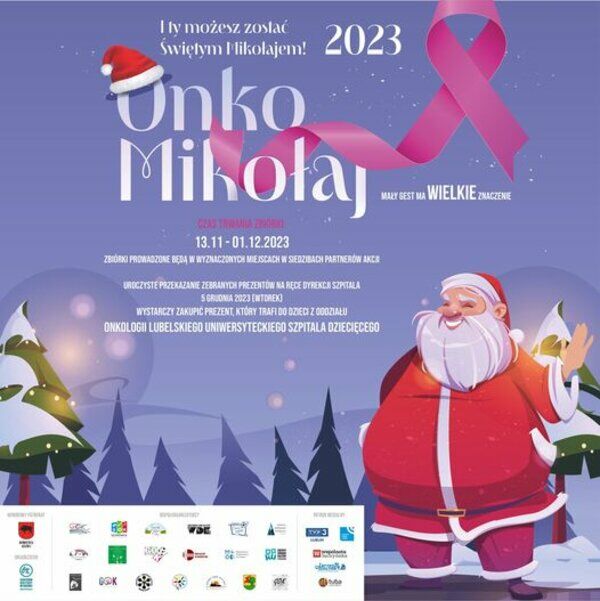 Plakat promujący wydarzenie "Onko Mikołaj 2023" z datami 13.11 - 01.12.2023 i rysunkiem uśmiechniętego Mikołaja. W tle zimowy krajobraz i różowa wstążka, symbol walki z rakiem.