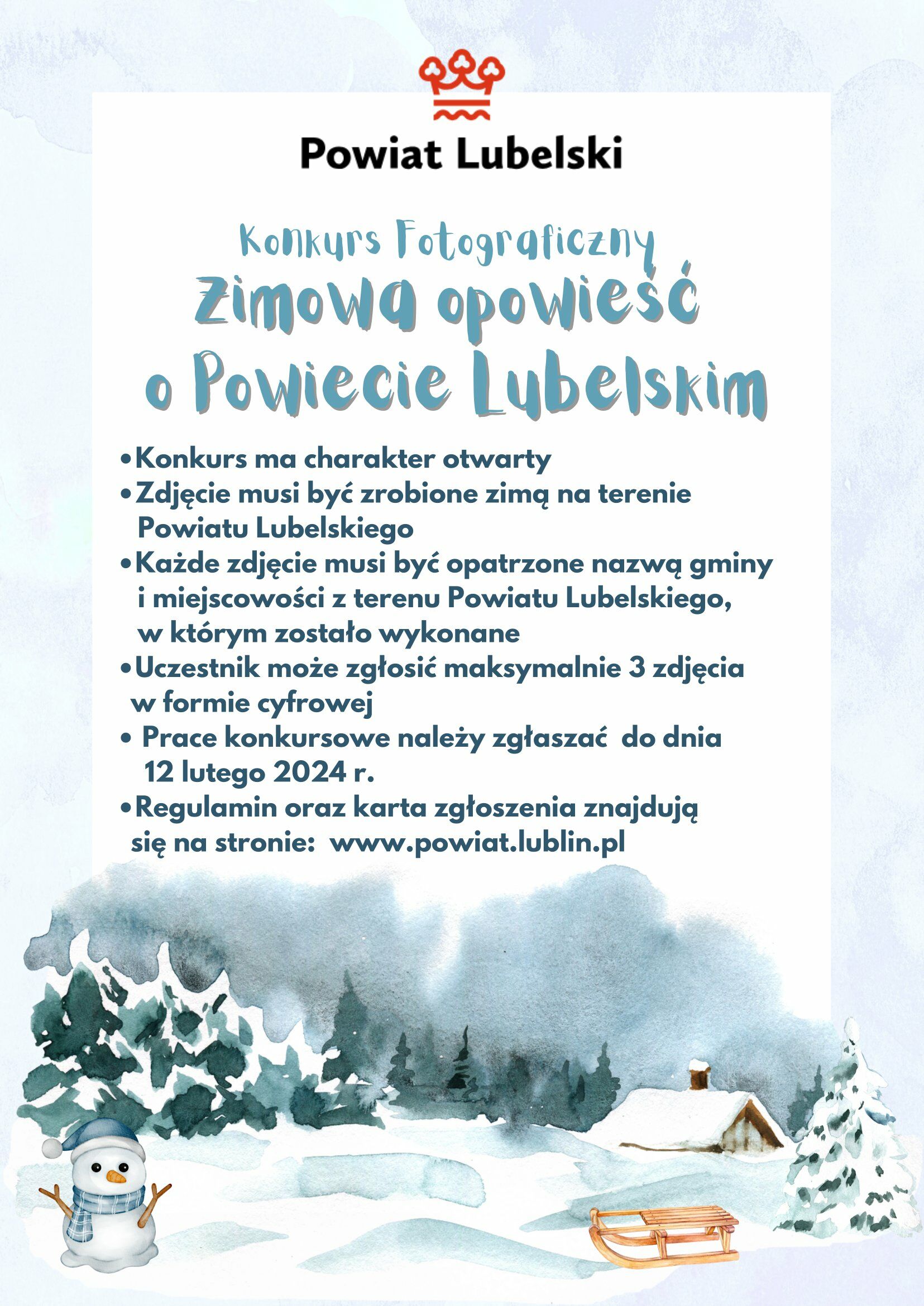 Plakat wydarzenia zimowego, z tekstami i ilustracjami, takimi jak śnieżynki, drzewa i bałwan, zawierającymi informacje o konkursie fotograficznym, wymagania i stronę internetową.