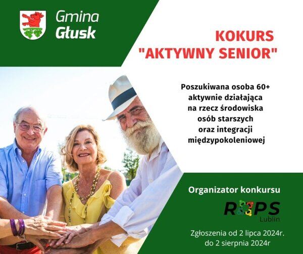 Zdjęcie przedstawia grupę uśmiechniętych starszych osób na tle logo "Gmina Głusk" i informacji o konkursie "Aktywny Senior" z zakresu ekologii i integracji międzypokoleniowej.