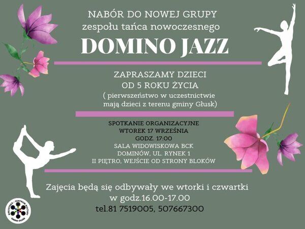 Plakat reklamujący nabór do nowej grupy tańca nowoczesnego "DOMINO JAZZ" dla dzieci od 5 roku życia. Informacje o spotkaniu organizacyjnym i kontakt.