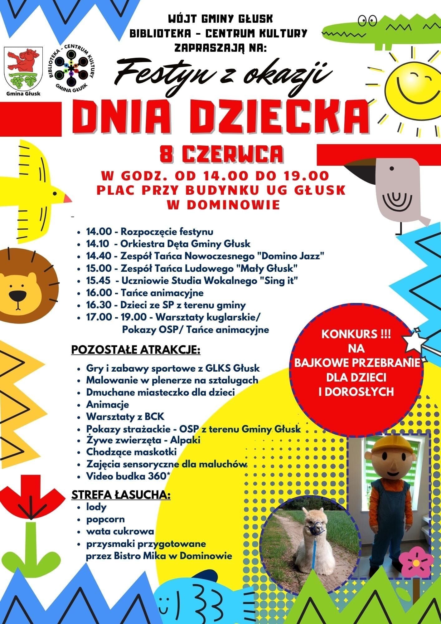 Plakat informacyjny wydarzenia "Festyn z okazji Dnia Dziecka" z grafiką balonów, prezentów i dwóch postaci z kreskówki, zawierający szczegóły programu i atrakcje dla dzieci.