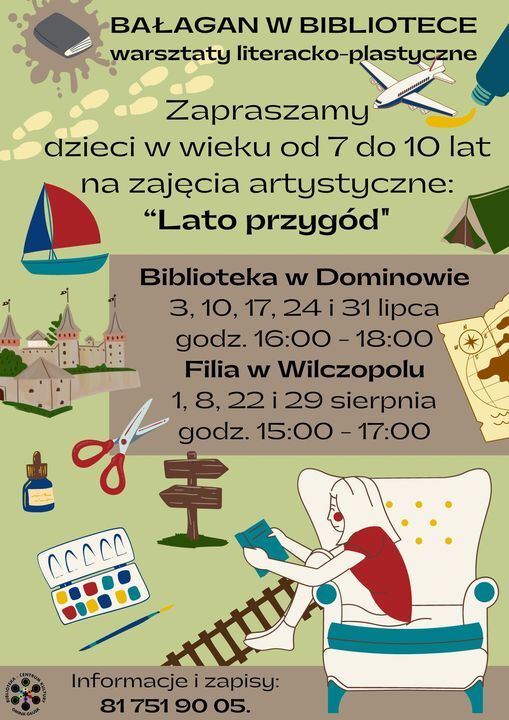 Plakat wydarzenia w bibliotece z grafiką przedstawiającą książki, farby, żaglówkę i postać czytającą, z informacjami o warsztatach literacko-plastycznych dla dzieci.