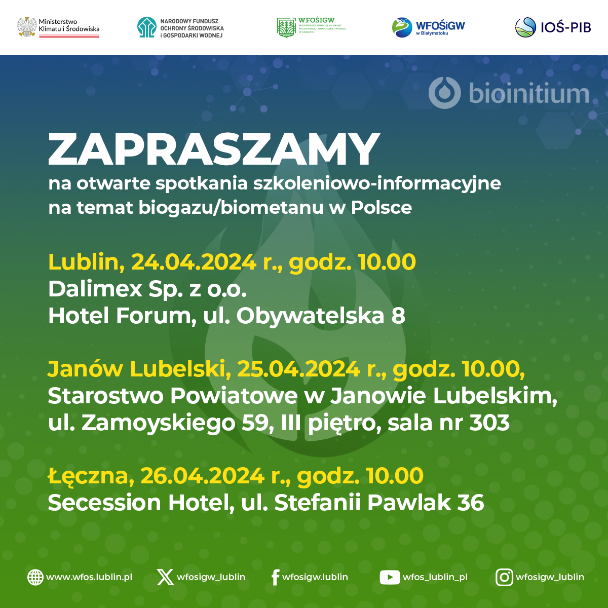 To zdjęcie przedstawia plakat informacyjny dotyczący spotkań szkoleniowo-informacyjnych na temat oprogramowania i biometrii w Polsce, z datami i lokalizacjami szkoleń