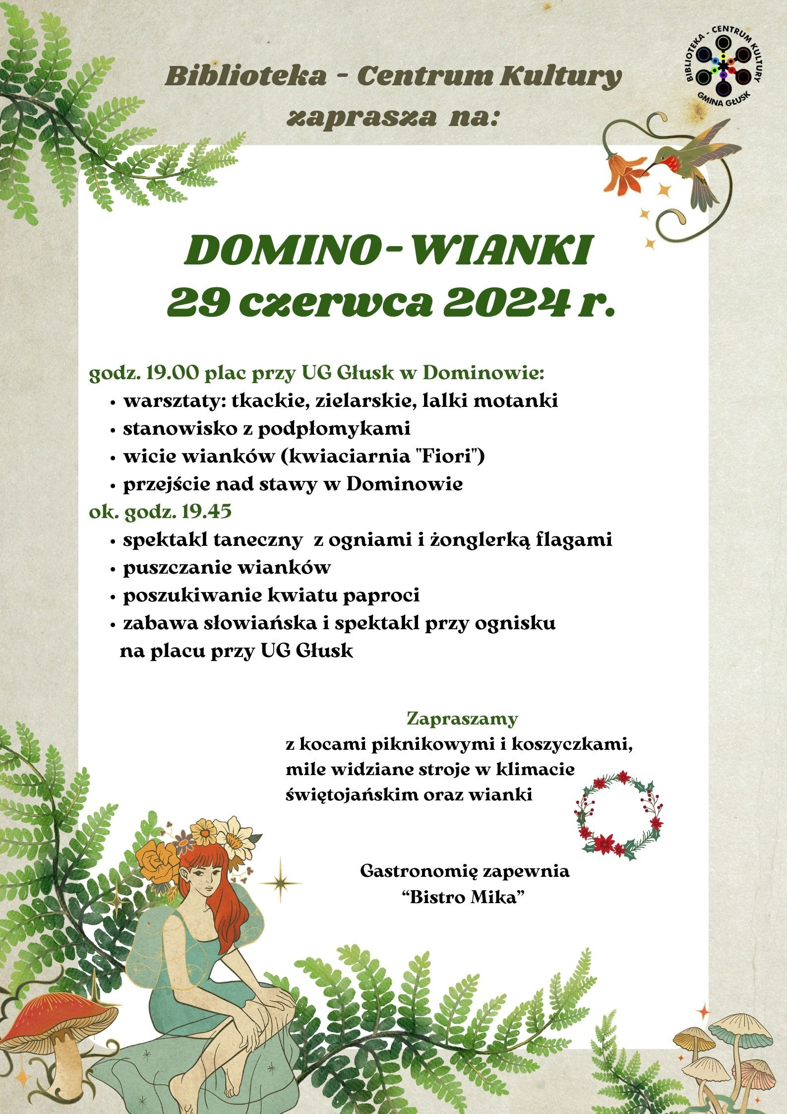 Plakat wydarzenia w Bibliotece - Centrum Kultury, ogłaszającym "Dożynki 2029" z datą 29 sierpnia. Grafika z motywami roślinnymi, pszczół i wieńców dożynkowych. Informacje o programie u dołu strony.