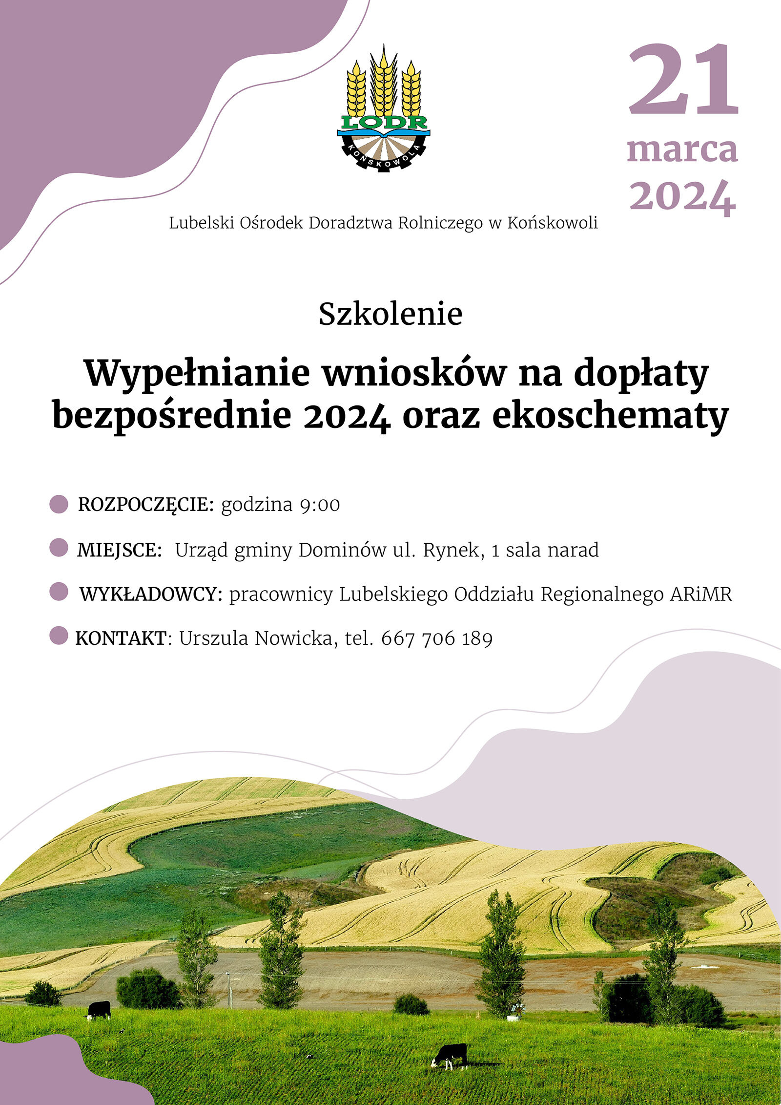 Plakat informacyjny o spotkaniu, z grafiką zielonych, falujących wzgórz, na których pasie się kilka owiec. Na górze herb i data "21 marca 2024".