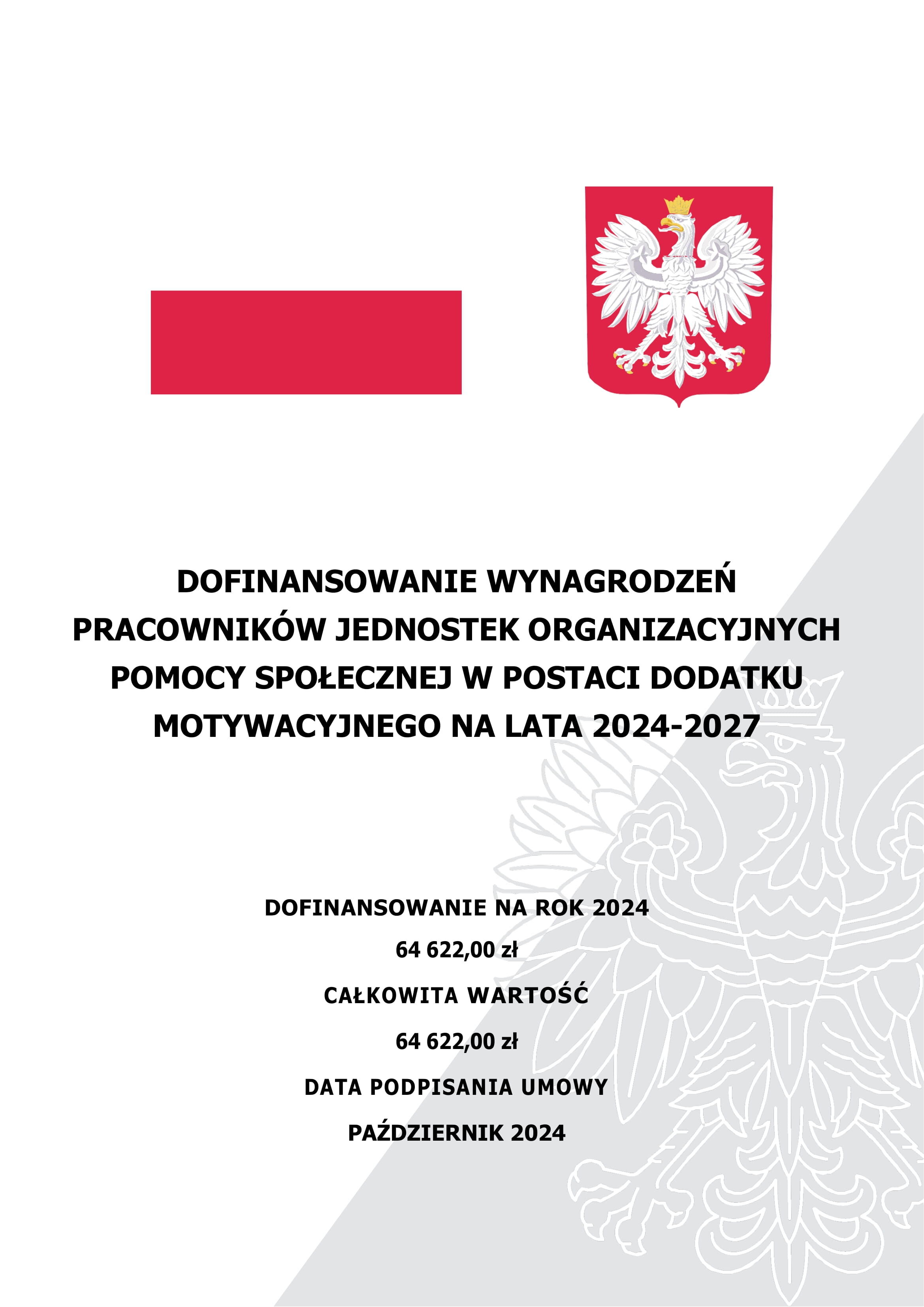 Zdjęcie przedstawia dokument z polskim godłem w prawym górnym rogu i czerwonym paskiem na górze strony. Poniżej znajduje się tekst dotyczący dofinansowania wynagrodzeń, kwot i daty podpisania umowy.