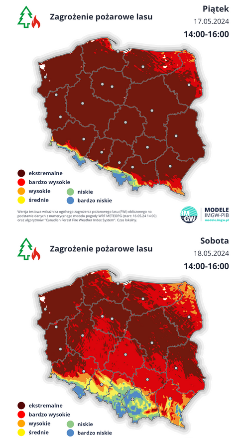 Zdjęcie 1: Mapa prezentująca poziomy zagrożenia pożarowego lasu w Polsce z dn. 17.05.2024, głównie na wysokim i bardzo wysokim poziomie, oznaczonych czerwonym kolorem.

Zdjęcie 2: Podobna mapa do pierwszej, ale na dzień 18.05.2024, gdzie niektóre regiony na południu wykazują niższe zagrożenie, oznaczone kolorem żółtym i zielonym.