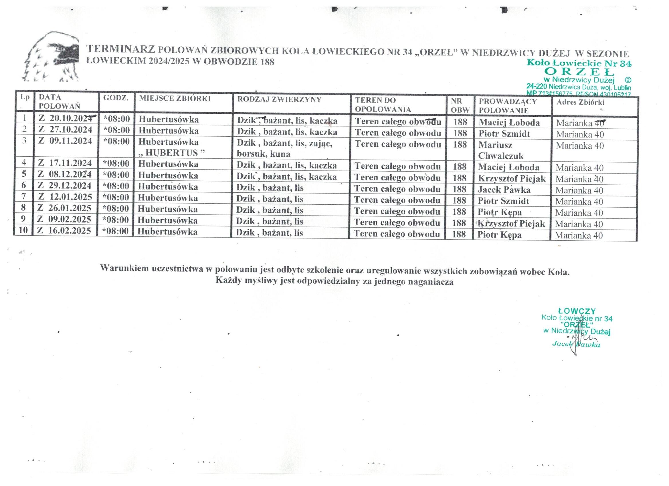 TERMINARZ POLOWAŃ ZBIOROWYCH KOŁA ŁOWIECKIEGO NR 34 „ORZEŁ" W NIEDRZWICY DUŻEJ W SEZONIE ŁOWIECKIM 2024/2025 W OBWODZIE 188