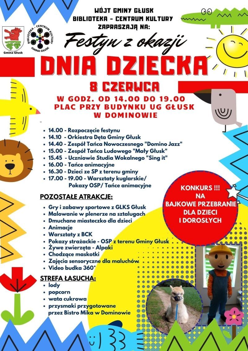 Plakat promujący wydarzenie "Festyn z okazji Dnia Dziecka" z kolorową grafiką, harmonogramem atrakcji oraz ilustracjami postaci z bajek i strzałkami pokazującymi kierunek do miejsc rozrywki.