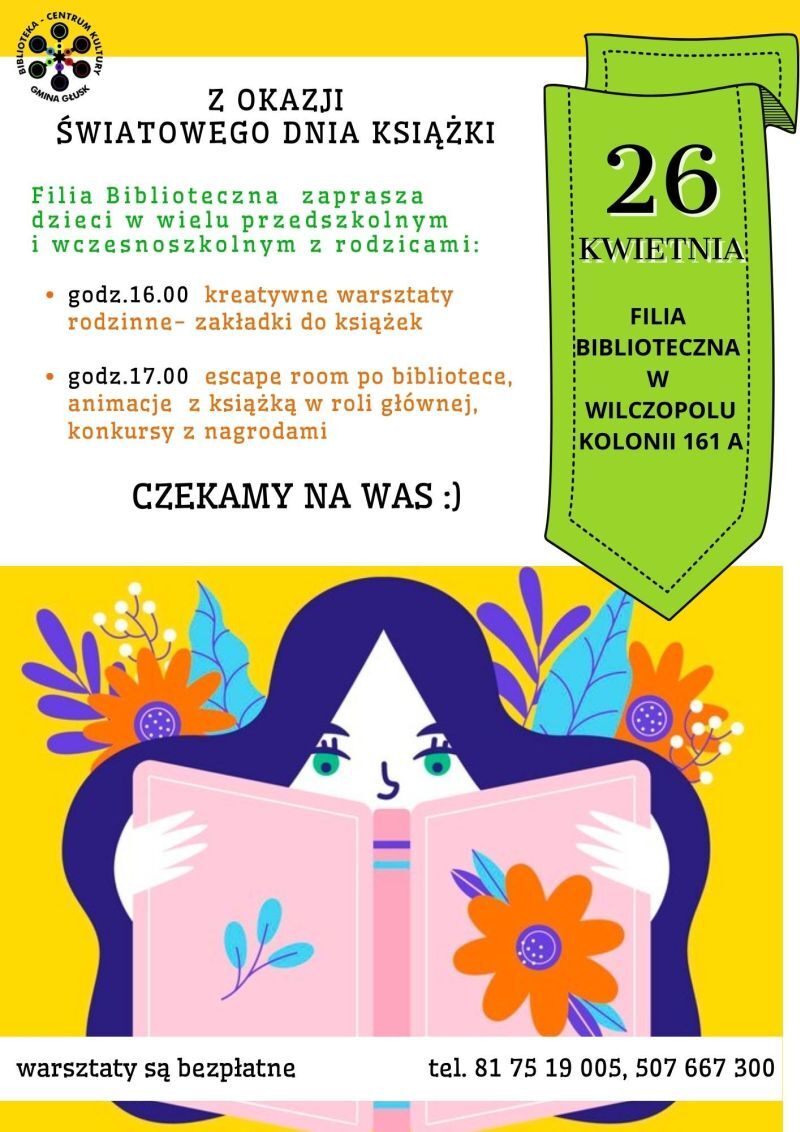 Zdjęcie to plakat wydarzenia "Święto Książki" z datą 26 kwietnia. Ukazuje kolorową ilustrację kobiety z otwartą książką, kwiaty i informacje o zajęciach w bibliotece.