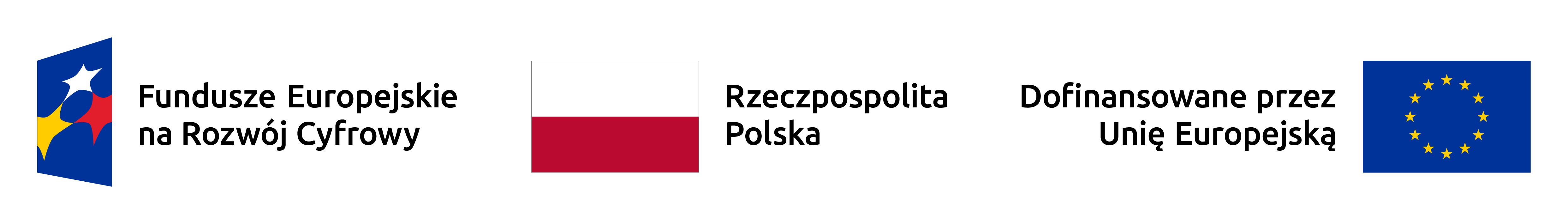 Trzy flagi: Lewa z symbolem Funduszy Europejskich, środkowa z flagą Polski, prawa z napisem "Dofinansowane przez Unię Europejską" i gwiazdami UE.