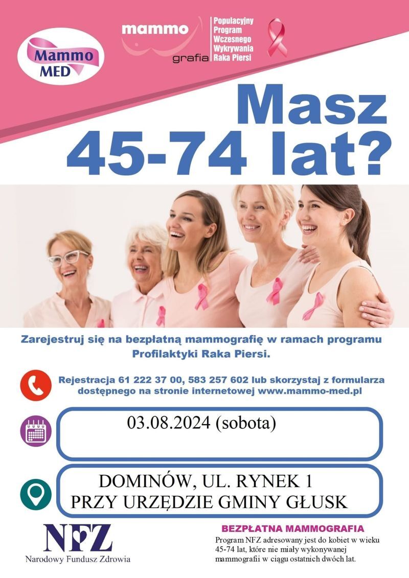 Plakat promujący program badań mammograficznych dla kobiet w wieku 45-74 lata, z podkreśleniem bezpłatności badań. Pięć uśmiechniętych kobiet w różnym wieku stojących obok siebie.