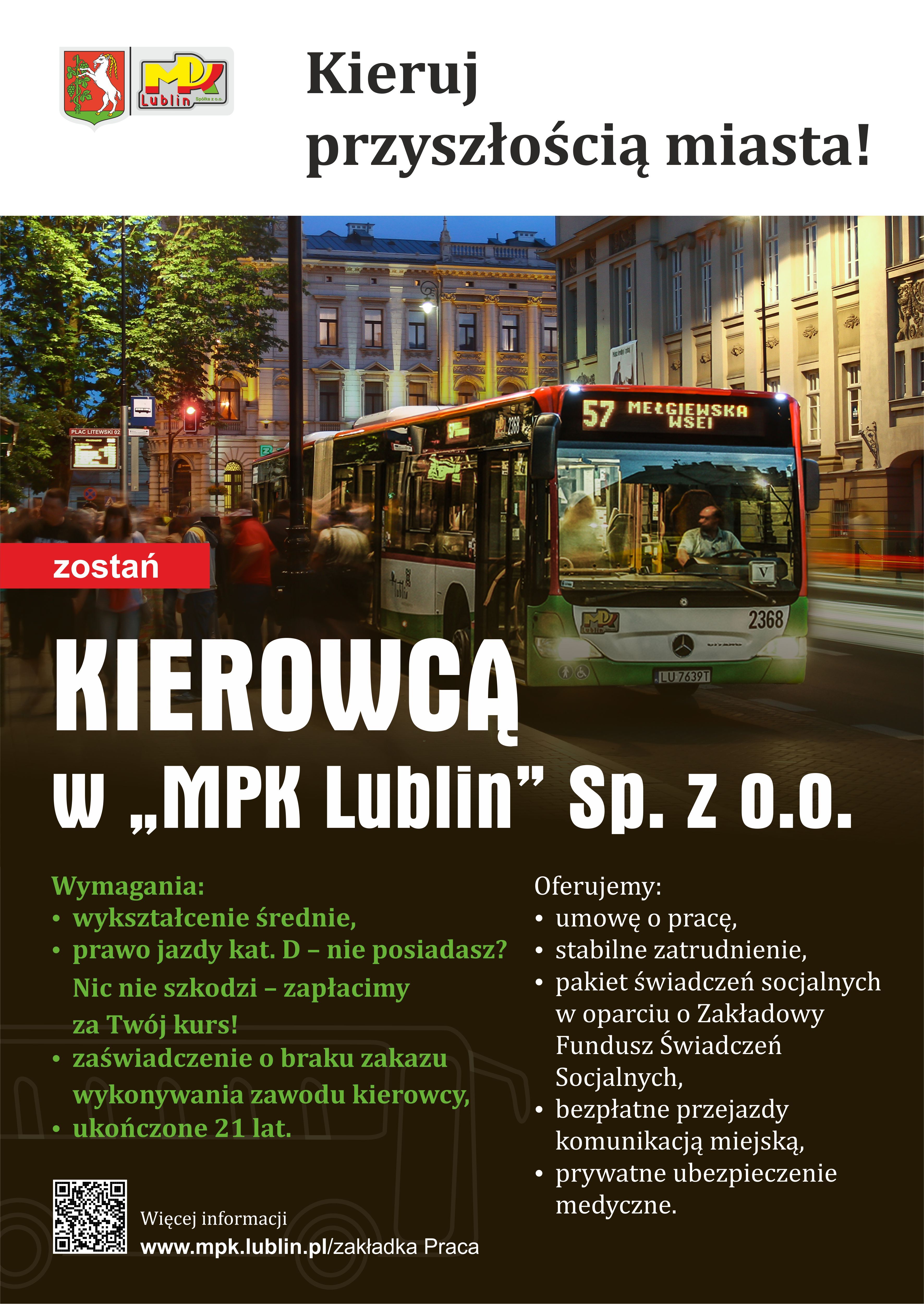 Plakat z reklamą pracy dla kierowców autobusów MPK Lublin, z autobusem w tle, informacjami o wymaganiach i świadczeniach oraz logotypami.