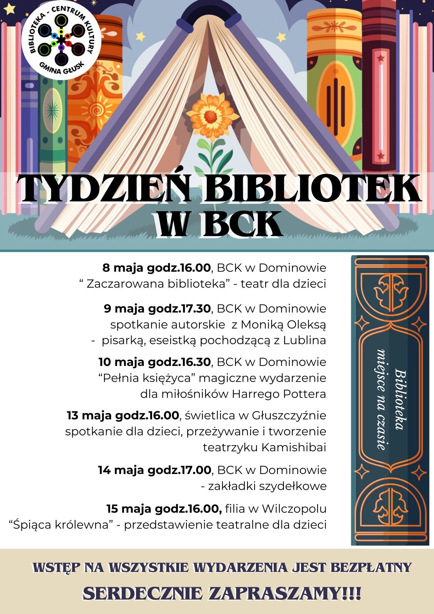 Plakat informacyjny o wydarzeniach dla dzieci organizowanych przez Bibliotekę w Białostockim Centrum Kultury, z ilustracją kolorowych książek i wieżowców, z datami i godzinami.