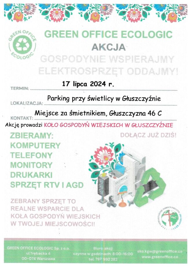 Opis alternatywny: Ulotka informująca o akcji zbiórki elektrośmieci w miejscowości Głuszczynie. Podane są szczegóły miejsca, czasu i przykłady odpadów elektrycznych.