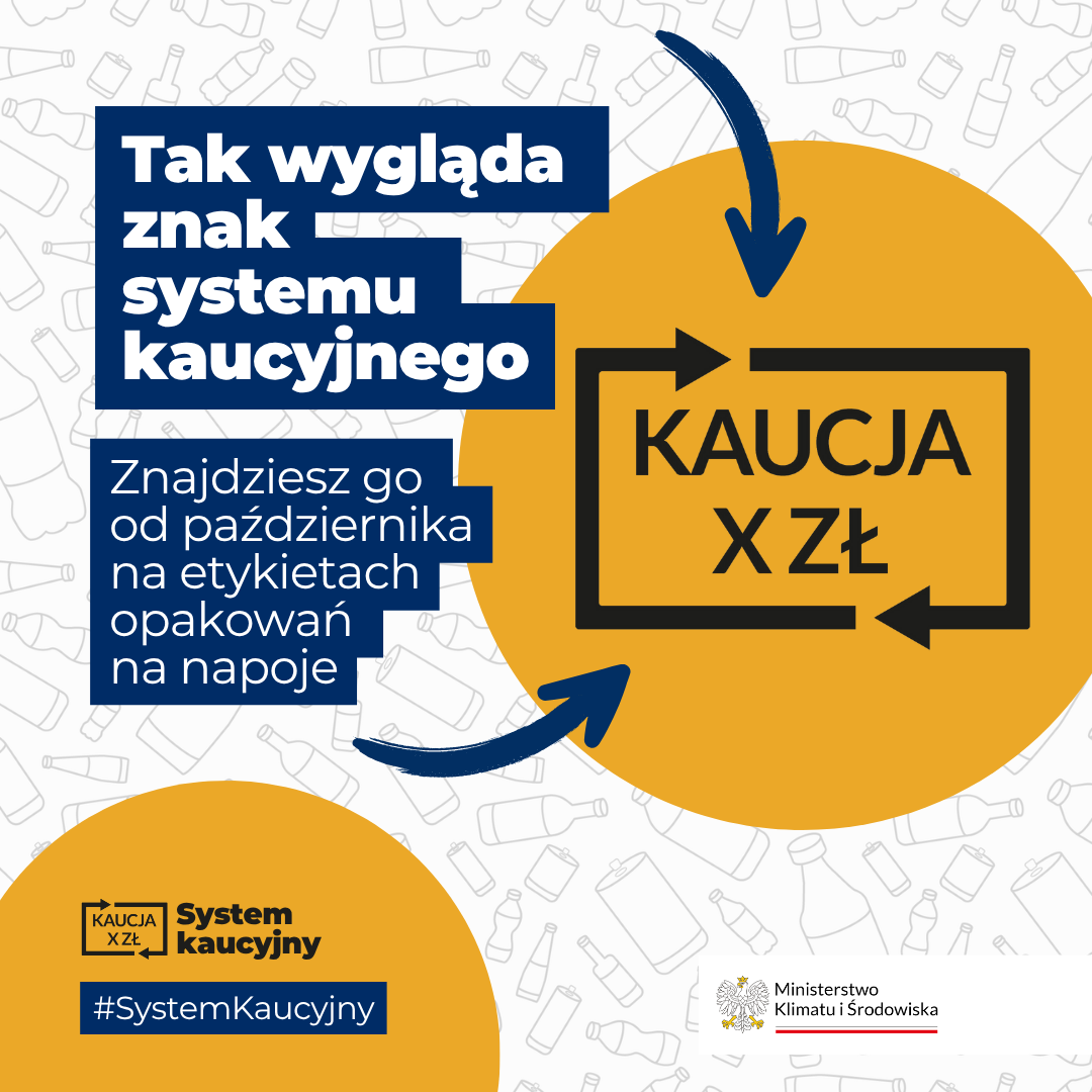 Grafika przedstawia znak systemu kaucyjnego z napisem "Kaucja X zł". Obok jest informacja, że znak pojawi się na etykietach od października. Na dole logo Ministerstwa Klimatu i Środowiska oraz hasztag #SystemKaucyjny.