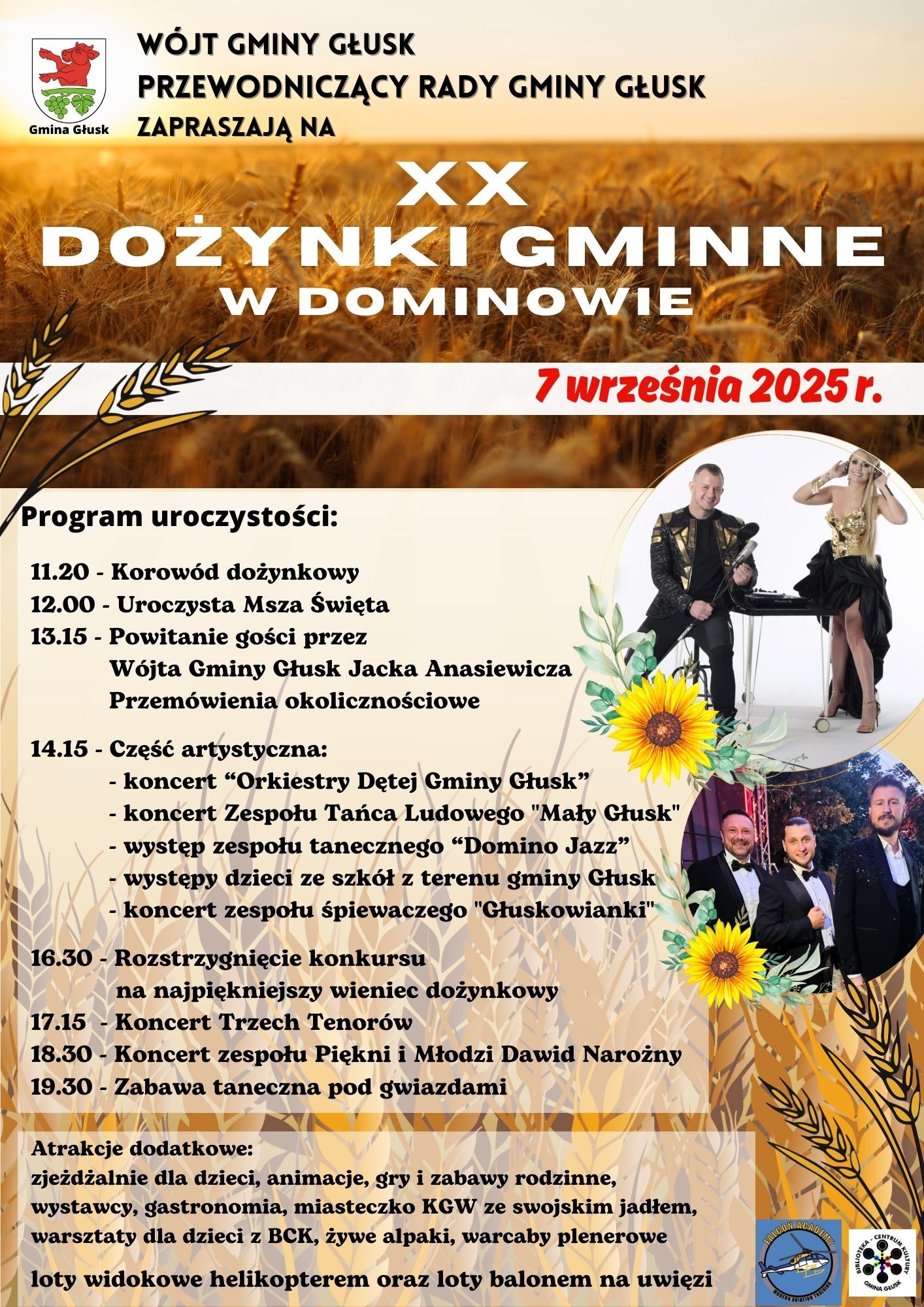 Plakat informuje o XX Dożynkach Gminnych w Dominowie, 7 września 2025 r. Zawiera program, zdjęcia artystów i dekoracyjne kłosy zbóż na tle nieba, z ogłoszeniem koncertów i innych atrakcji.