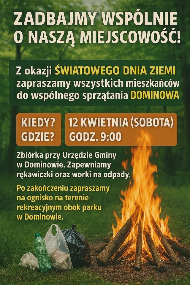 Plakat zachęcający do wspólnego sprzątania z okazji Dnia Ziemi. Widoczny ognisko, rękawice oraz worki na śmieci. Informacje: 12 kwietnia, godz. 9:00, zbiórka przy Urzędzie Gminy w Dominowie.