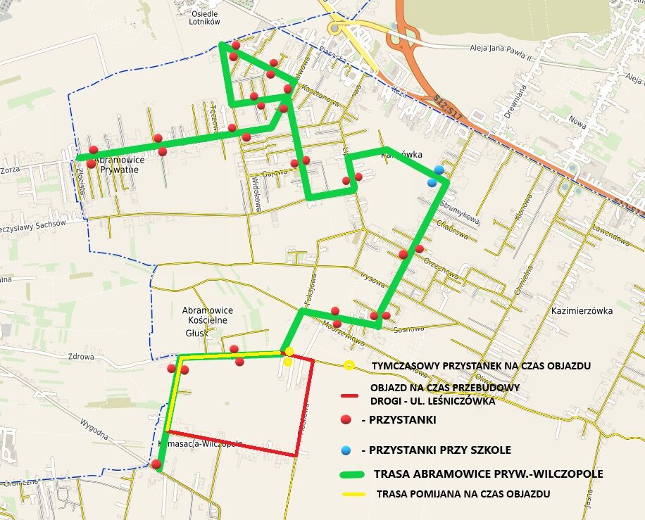 Mapa przedstawia trasy objazdowe w okolicy obszaru miejskiego z zaznaczonymi przystankami i ścieżkami. Kolorami wyróżniono trasę zastępczą, drogi przebudowy oraz przystanki tymczasowe.