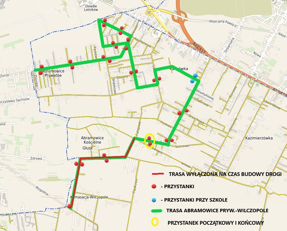 Mapa przedstawia trasę autobusu z zaznaczonymi przystankami i trasą wyłączoną. Przystanki są oznaczone różnymi kolorami, a na mapie widoczne są ulice i tereny zielone.