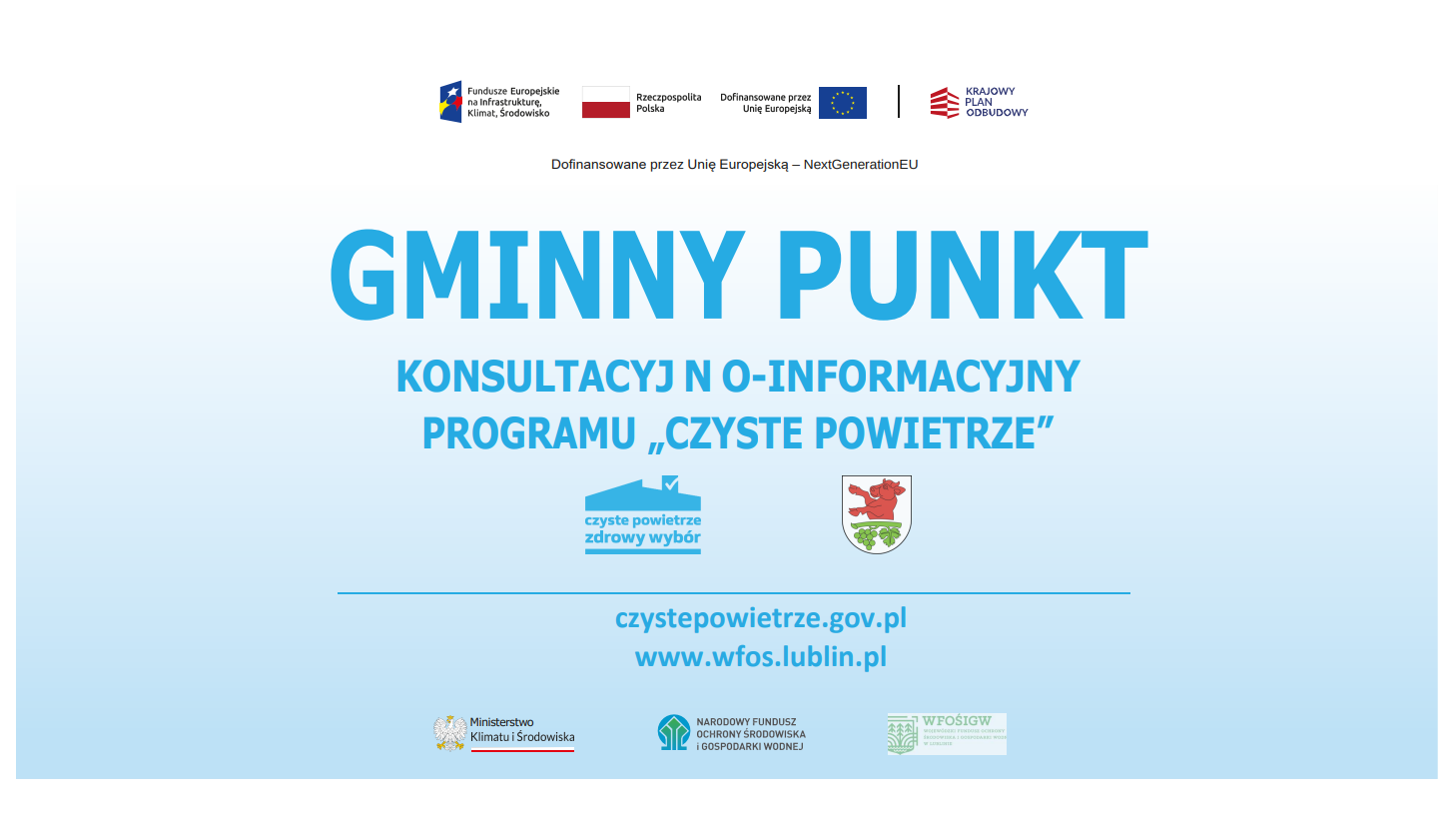 Na obrazku znajduje się plakat informacyjny dotyczący gminnego punktu konsultacyjno-informacyjnego programu "Czyste Powietrze". Widoczne są logotypy instytucji oraz adresy internetowe.