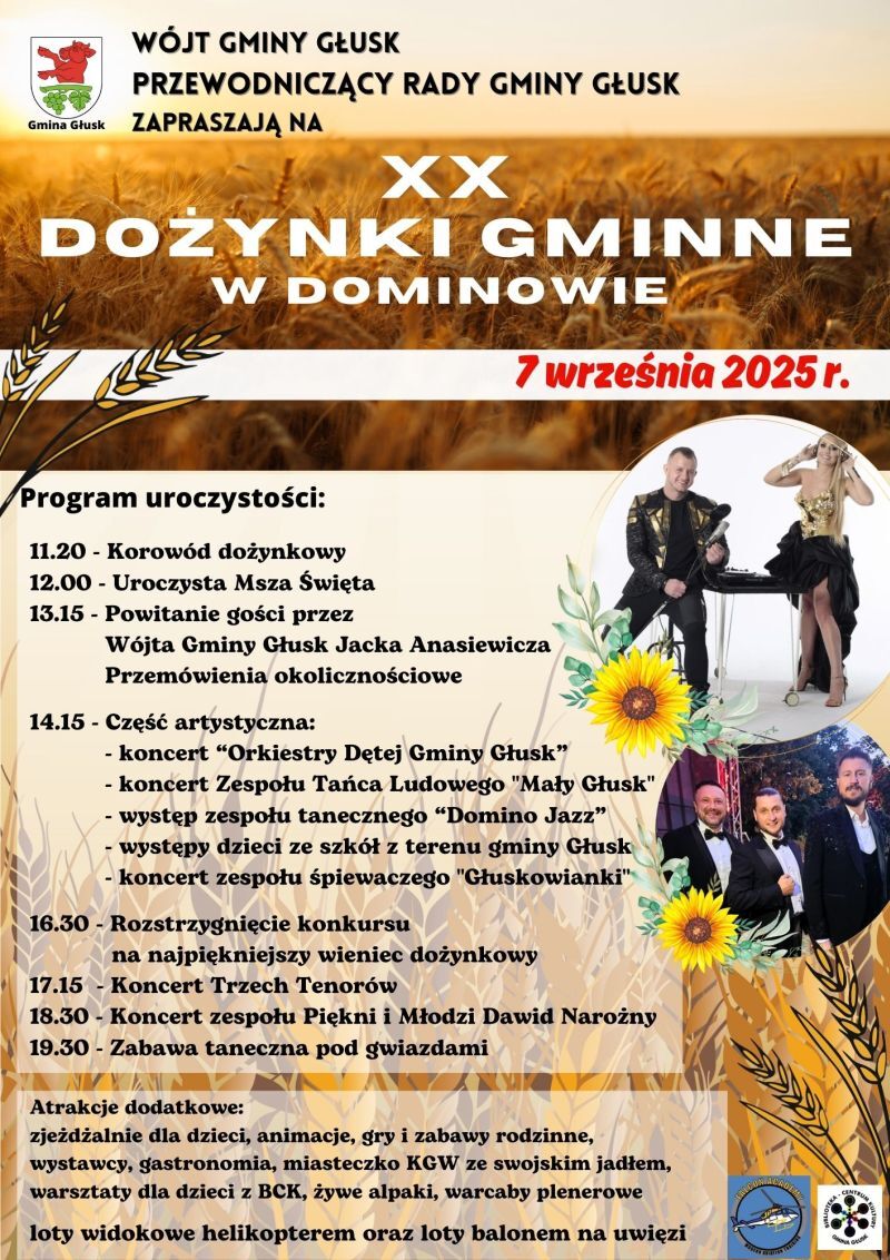 Plakat promujący XX Dożynki Gminne w Dominowie, 7 września 2025. Widać program uroczystości, zdjęcia artystów, kłosy zbóż i herb gminy. Kolory złota i zieleni dominują.