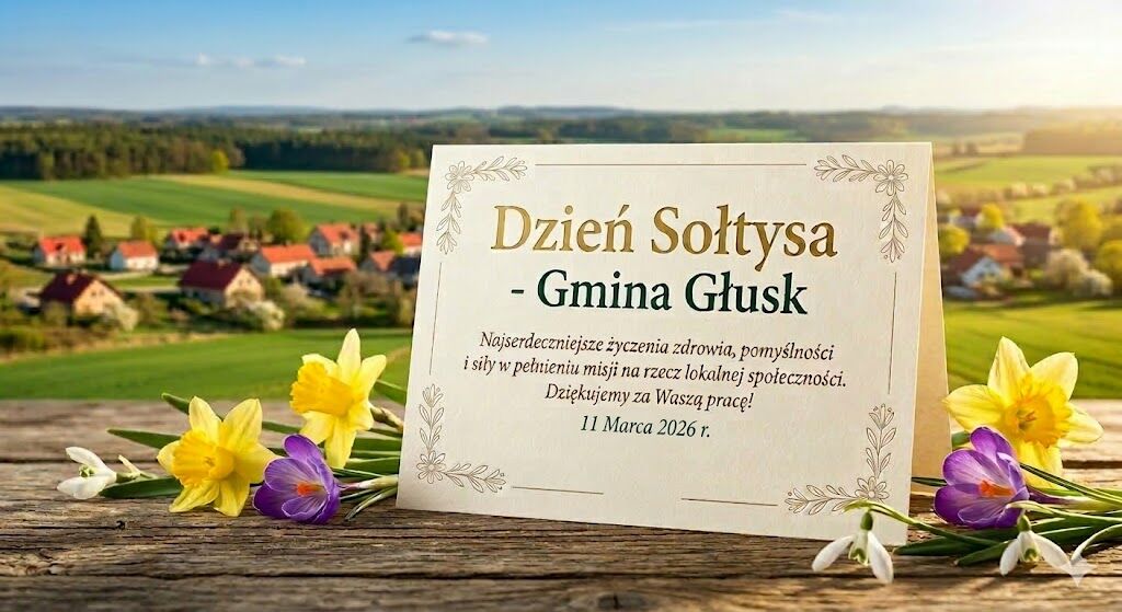 Kartka z życzeniami z okazji Dnia Sołtysa na tle malowniczej wsi. Widoczne kwiaty żonkili i krokus&oacute;w. Tekst wyraża wdzięczność za pracę na rzecz lokalnej społeczności. Data: 11 marca 2026 r.