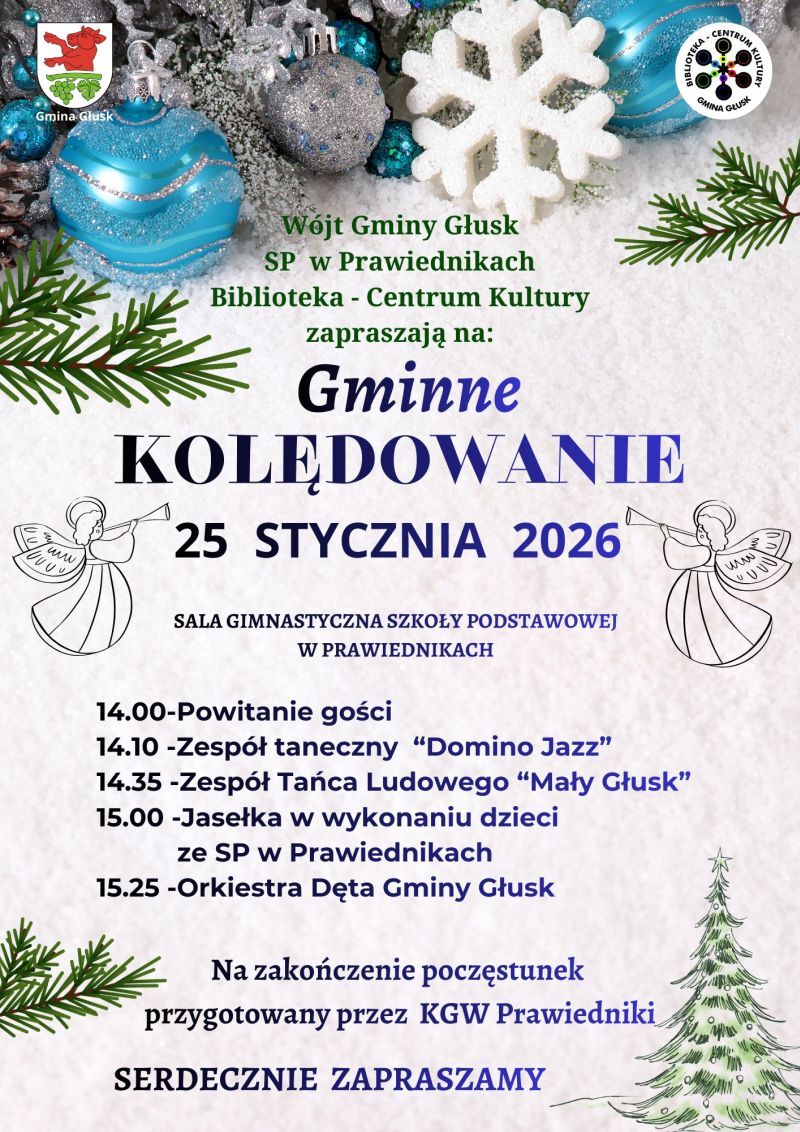 Plakat zaprasza na Gminne Kolędowanie 25 stycznia 2026 w SP w Prawiednikach. W programie występy taneczne, śpiewające zespoły i orkiestra dęta. Na zakończenie poczęstunek.