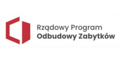 Logo Rządowego Programu Odbudowy Zabytków z czerwonym sześciokątem i napisem na białym tle.