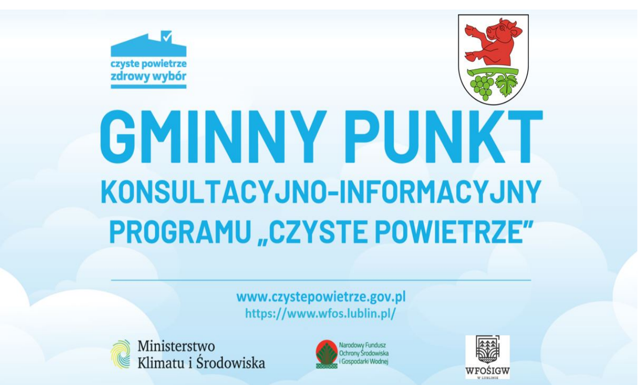 Grafika z napisem gminny punkt Konsultacyjno informacyjny programu Czyste Powietrze.