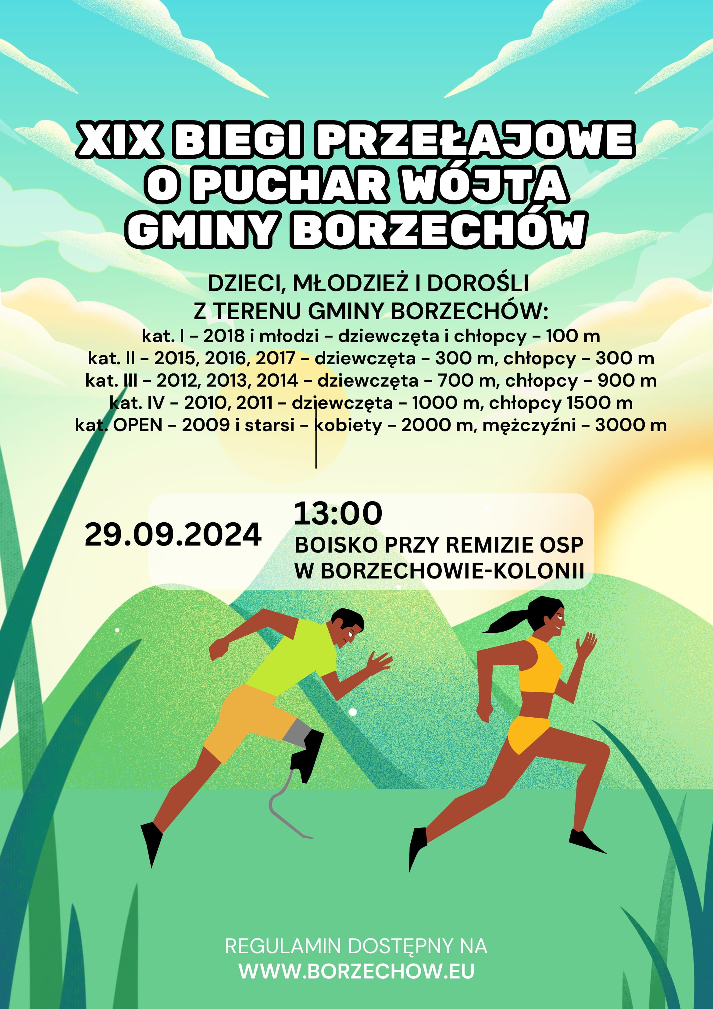 Afisz ogłaszający XIX Bieg Przełajowy o Puchar Wójta Gminy Borzechów dla dzieci i dorosłych, z kolorowymi grafikami biegaczy, datami i informacjami o kategoriach wiekowych oraz miejscu wydarzenia.