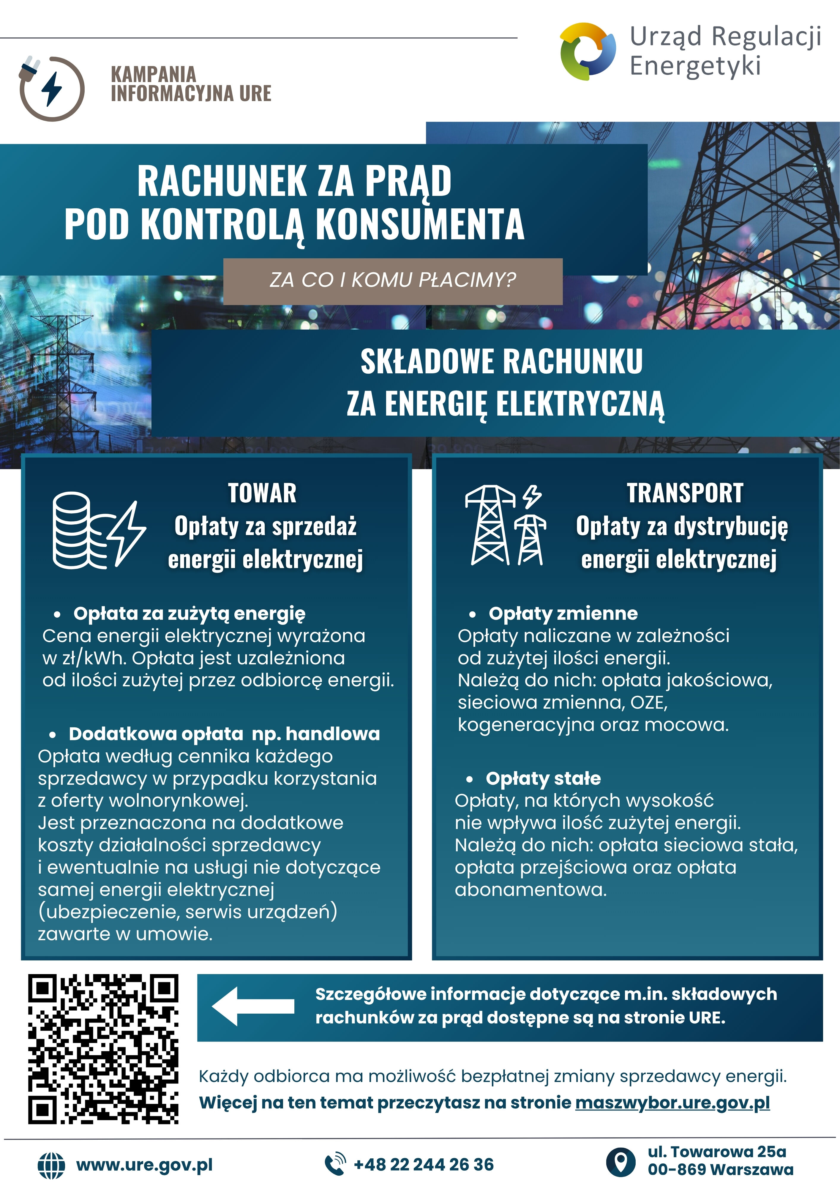 Na plakacie widnieją informacje o rachunku za energię elektryczną. Zawiera on grafikę żarówki i słupy energetyczne. Podzielony jest na sekcje dotyczące opłat: za sprzedaż i dystrybucję energii. Na dole umieszczono dane kontaktowe URE.