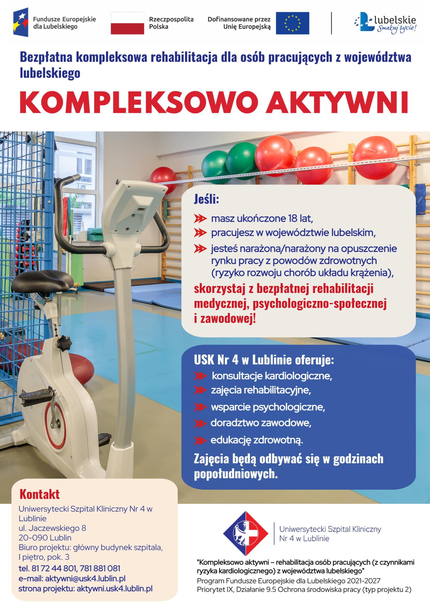 Na zdjęciu jest plakat reklamujący bezpłatną rehabilitację w lubelskim szpitalu. Po lewej stronie znajduje się rower treningowy, a po prawej tekst z informacjami o programie oraz dane kontaktowe.