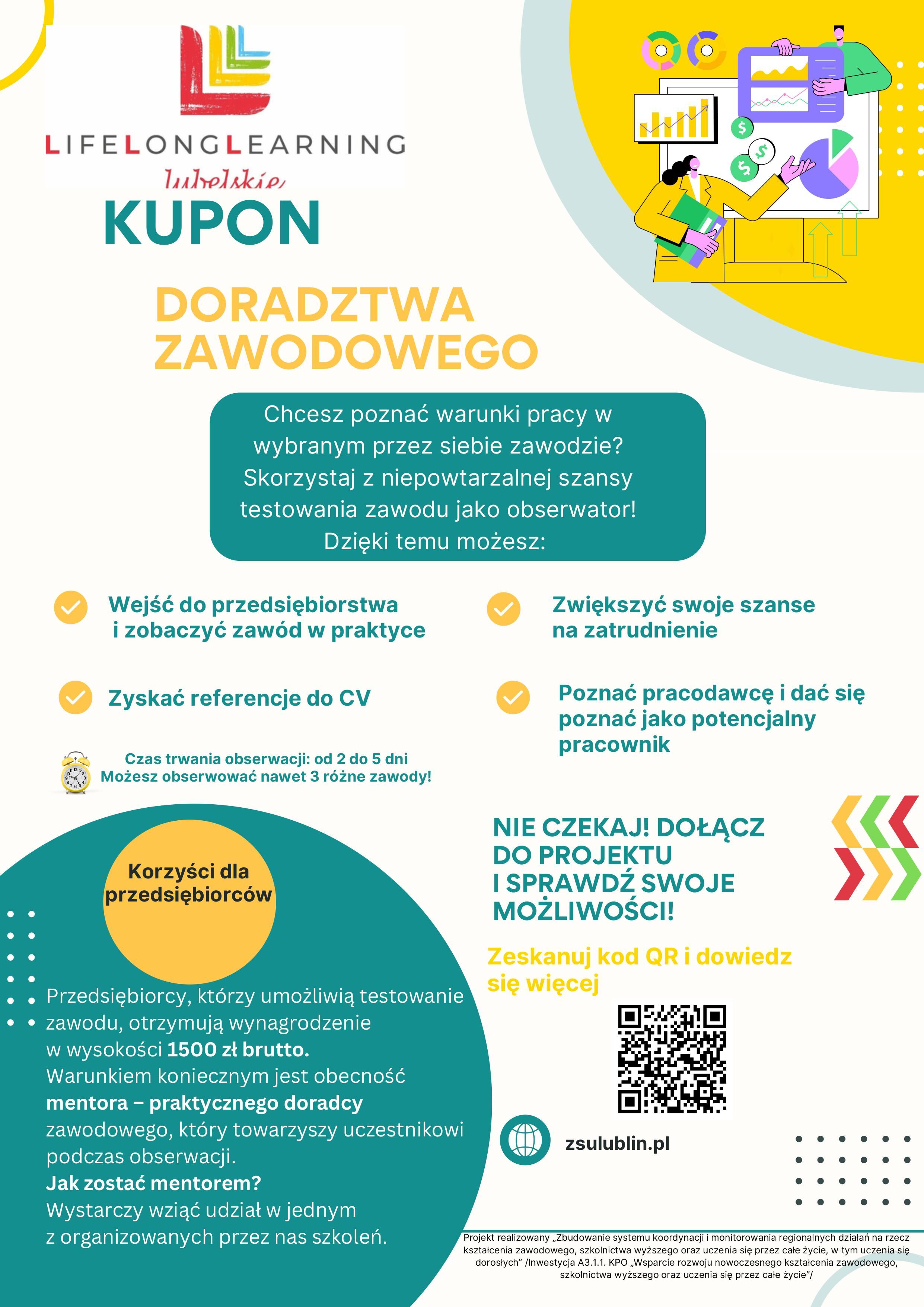 Graficzna ulotka o doradztwie zawodowym. Zawiera informacje o testowaniu pracy w wybranym zawodzie, korzyściach, takich jak referencje do CV, a także o możliwości zdobycia praktycznego doświadczenia.