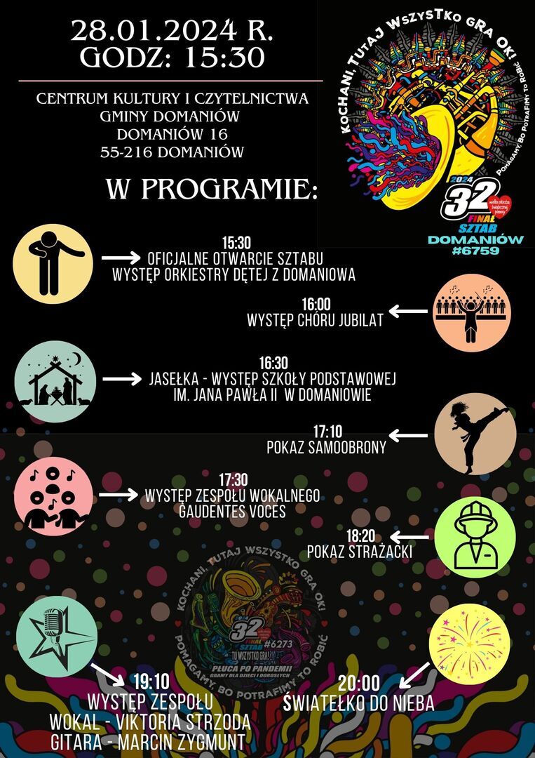 Opis alternatywny: Plakat promujący wydarzenie muzyczne i kulturalne z grafiką i symbolami wskazującymi różne rodzaje występów, takie jak taniec, śpiew, gitara, a także inne zajęcia jak zajęcia z samoobrony i pokaz strażacki. Wszystko w jaskrawych kolorach na czarnym tle.