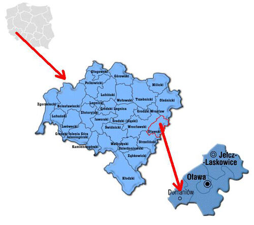 Mapa z zaznaczonymi dwoma lokalizacjami w Polsce, połączonymi czerwonymi strzałkami