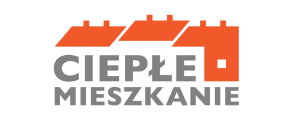 Grafika przedstawia trzy pomarańczowe dachy nad napisem "CIEPŁE MIESZKANIE". Dachy tworzą szereg, a pod nimi znajduje się ciemnoszary napis. Całość na białym tle.
