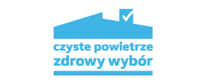 Niebieskie logo przedstawiające zarys budynku z kominem, z którego wylatuje liść. Poniżej napis: "czyste powietrze zdrowy wybór" w kolorze białym.