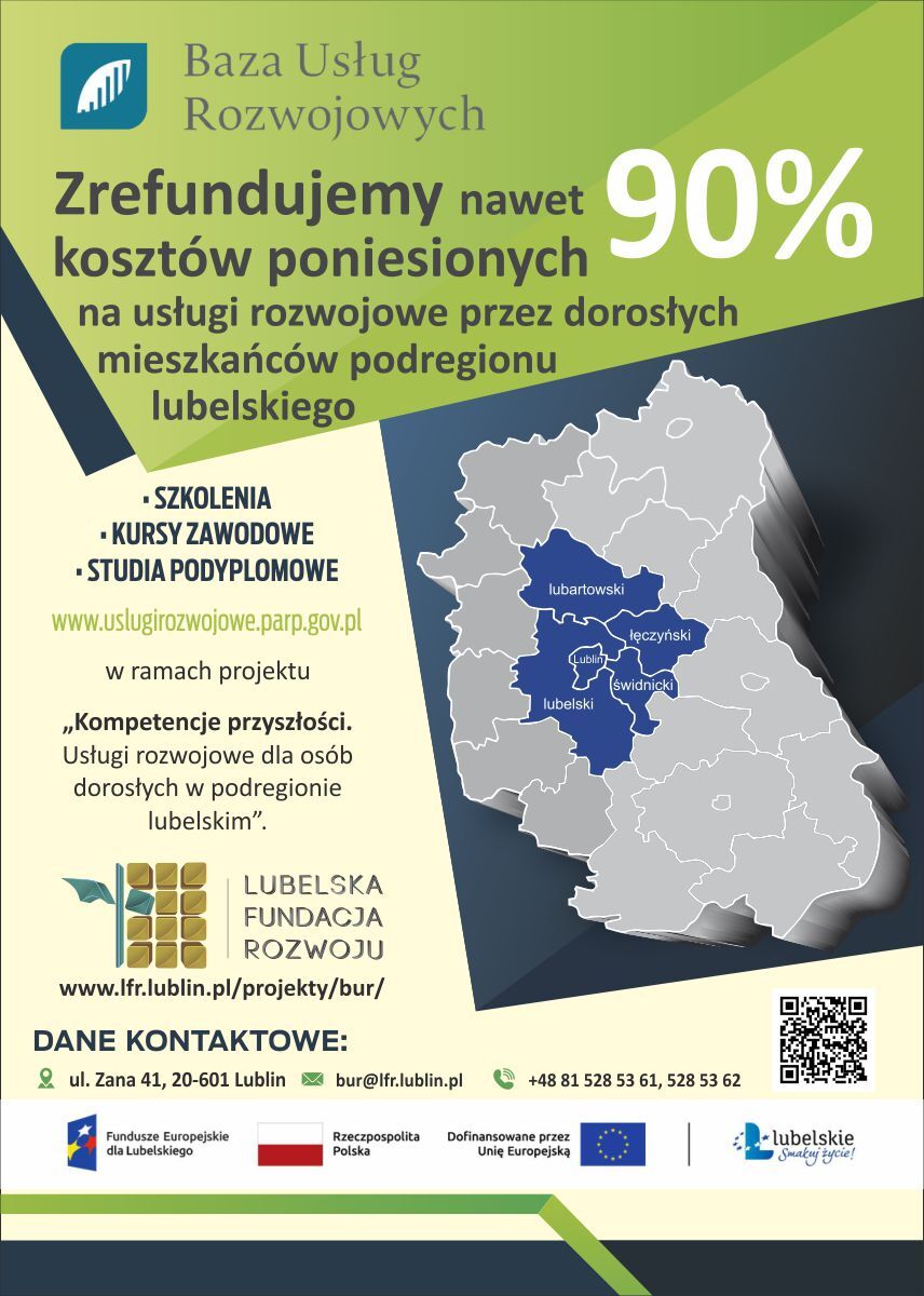 Plakat promocyjny z grafiką mapy Polski, akcentujący w województwie lubelskim, z informacjami o kursach i dotacjach, dane kontaktowe i kody QR.