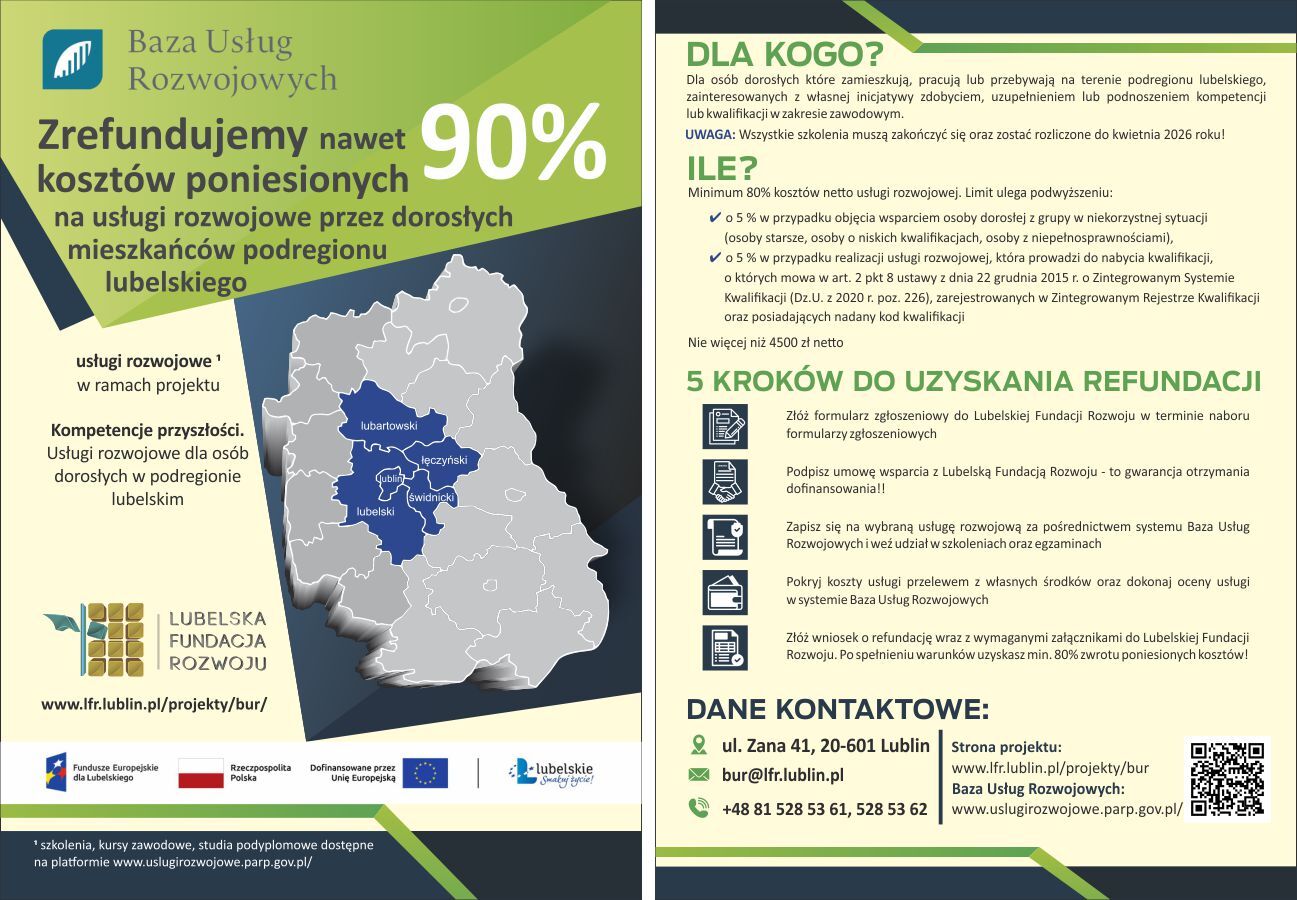 To zdjęcie przedstawia ulotkę informacyjną o rozwoju usług publicznych w Lublinie, z mapą wskazującą obszary objęte projektem oraz szczegółami programu i danymi kontaktowymi.