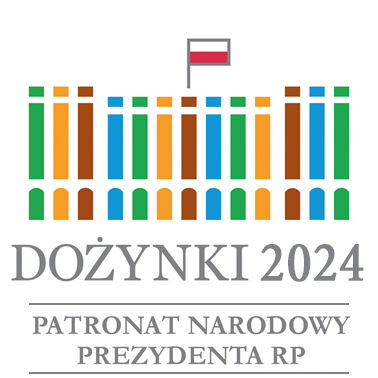 Logo wydarzenia Dożynki 2024 z kolorowymi słupkami symbolizującymi zboże i polską flagą na górze, z podpisem 