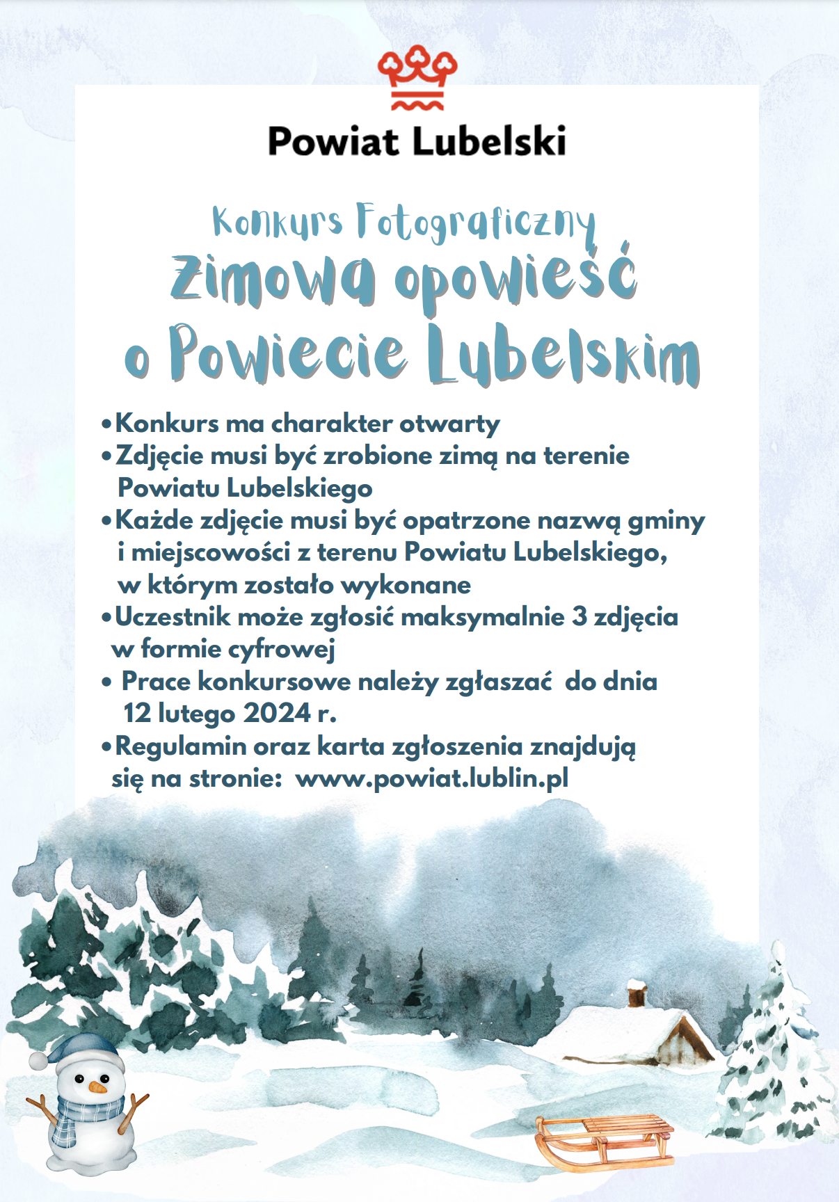 Plakat konkursu fotograficznego zimowego, z ilustracjami śniegu, choinek i uroczego bałwanka, zawierający informacje o zasadach i nagrodach.