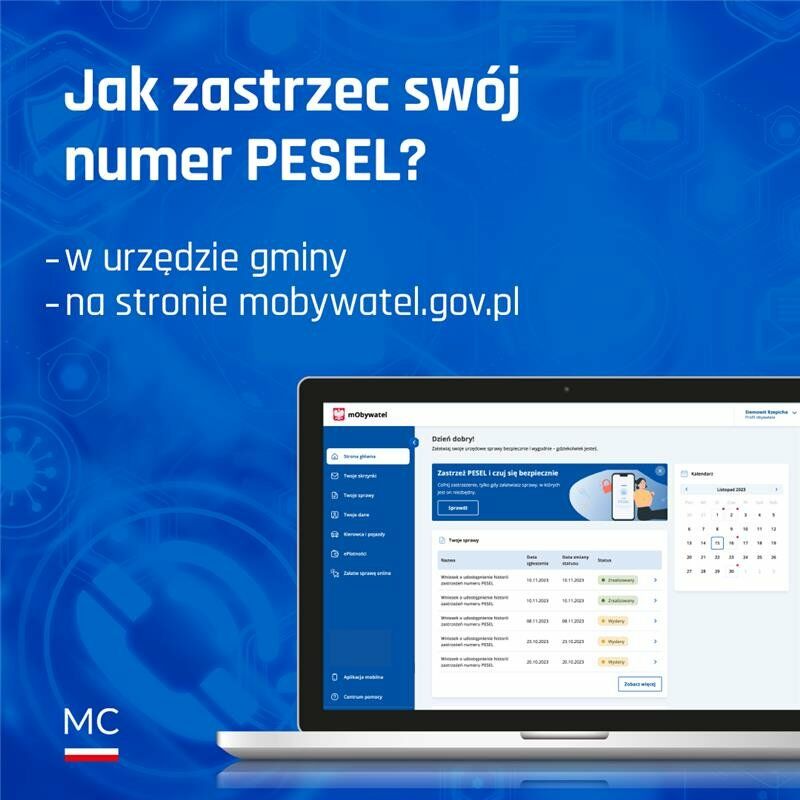 Na grafice widać niebieskie tło z białym tekstem: "Jak zastrzec swój numer PESEL?" oraz dwie opcje: "w urzędzie gminy" i "na stronie mojabywatel.gov.pl". Pod tekstem znajduje się ilustracja laptopa z otwartą stroną internetową.